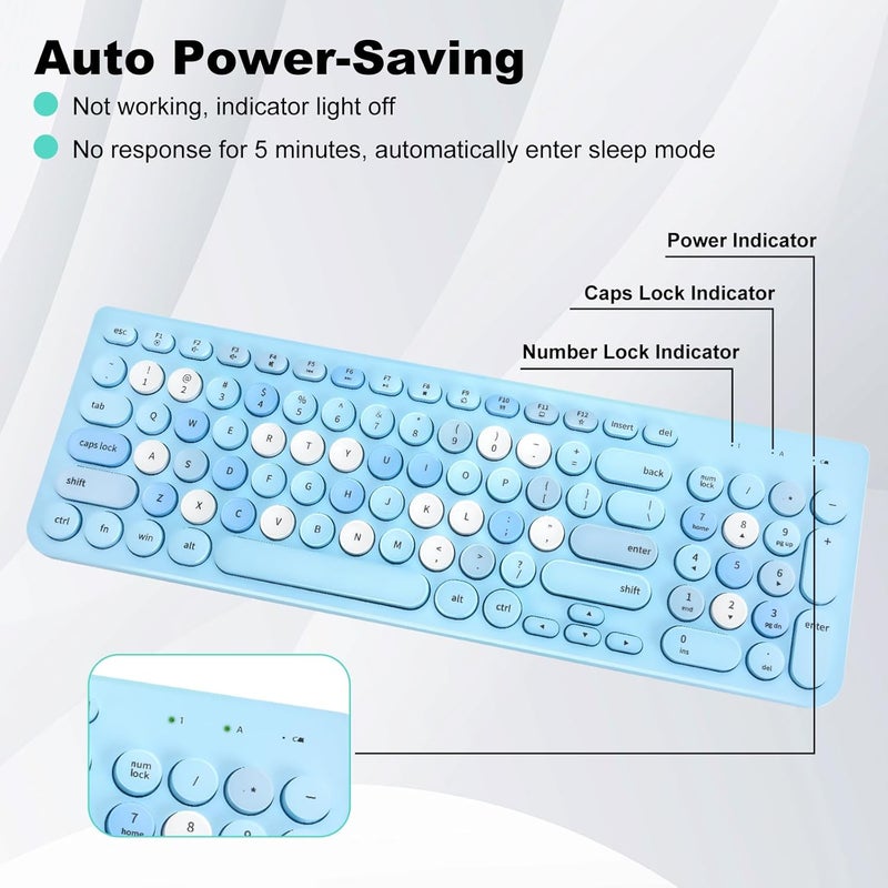 GUKJOB Wireless Keyboard and Mouse Combo, Retro Typewriter Keyboard with Round Keycaps, 2.4GHz USB Cute Wireless Keyboard Mouse for Computer, Desktop, Laptop (Blue Colorful) - Image 3